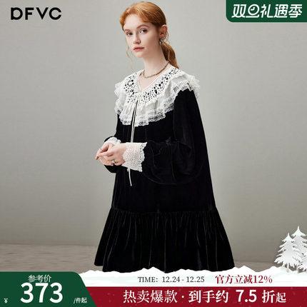 dfvc法式蕾丝荷叶领丝绒连衣裙女2025年冬季新款宽松复古小黑裙子