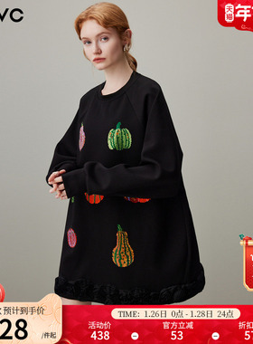 dfvc黑色重工烫钻圆领卫衣裙女2025年冬季新款宽松休闲长袖连衣裙