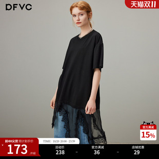 dfvc黑色蕾丝拼接圆领短袖t恤女2026秋季新款设计感小众宽松上衣