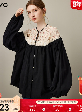 dfvc黑色纯棉法式镂空拼接长袖衬衫女2026年春季新款宽松小众上衣