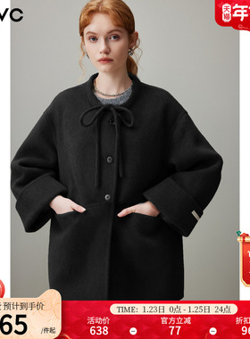 dfvc复古中长款绵羊毛呢外套女2025年冬季新款圆领宽松双面呢大衣