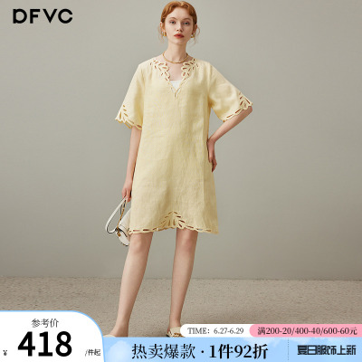 dfvc亚麻简约镂空小个子连衣裙