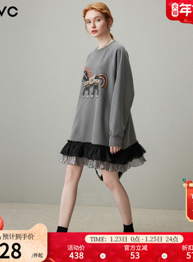 dfvc灰色休闲圆领卫衣裙女2026年春季新款小马刺绣宽松春装连衣裙