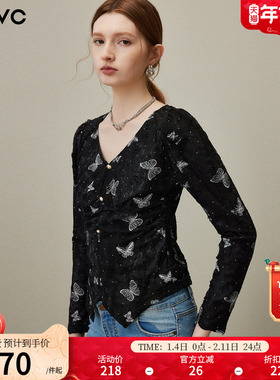 dfvc黑色法式V领长袖衬衫女2026年春季新款蝴蝶烫钻收腰显瘦上衣