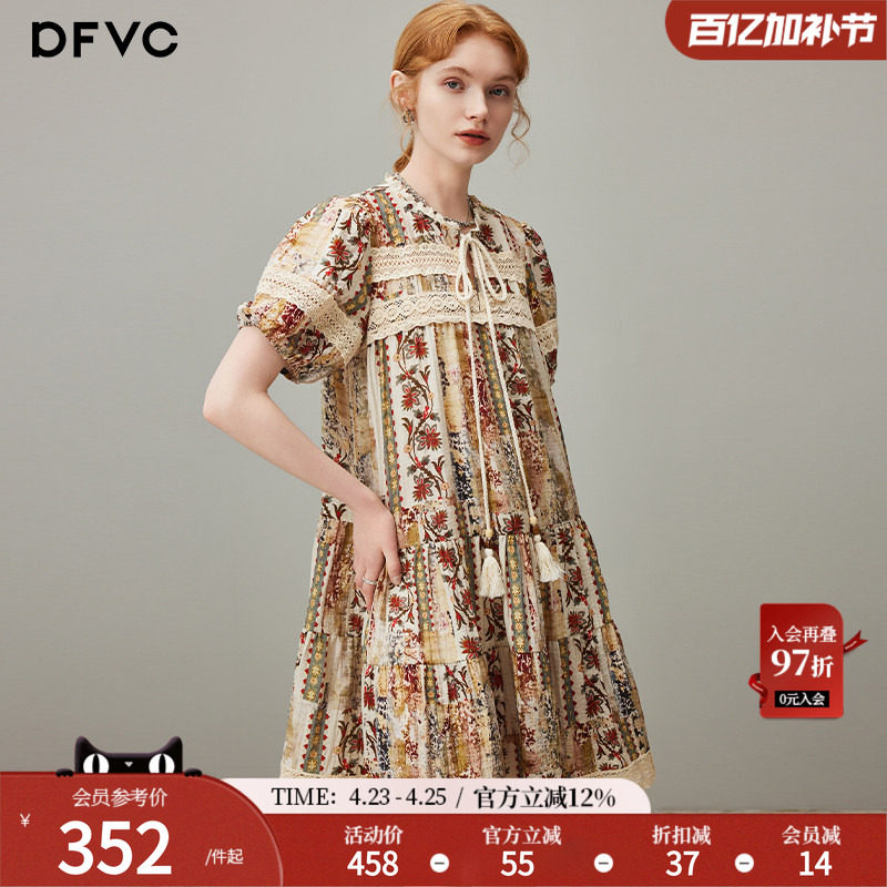 dfvc亚麻复古印花连衣裙女2026夏季新款系带领蕾丝拼接宽松娃娃裙