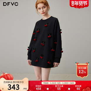 dfvc黑色休闲百搭圆领卫衣女2026年春季新款立体装饰宽松中长上衣