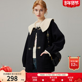 撞色牛角扣宽松短款 dfvc黑色娃娃领毛呢外套女2025新款 冬季 大衣厚