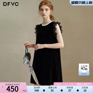 dfvc人丝小黑裙飞飞袖丝绒连衣裙女2026新款夏季小个子显瘦背心裙