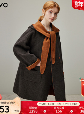 dfvc韩版双面呢子羊绒大衣女2025年冬季新款中长款连帽羊毛呢外套