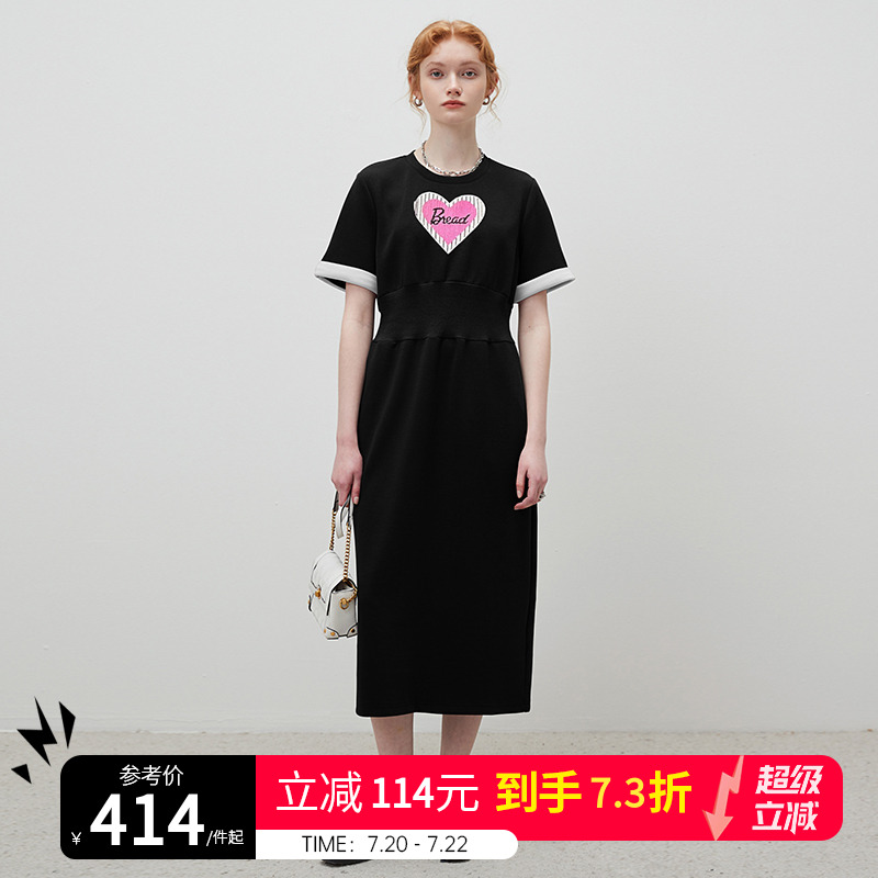 dfvc夏季时尚黑色t恤连衣裙2025女新款爱心收腰宽松圆领长款a字裙