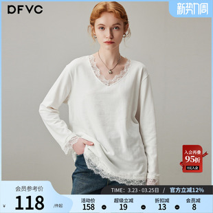 低领宽松内搭打底衫 新款 T恤女2026年春季 dfvc白色蕾丝拼接V领长袖