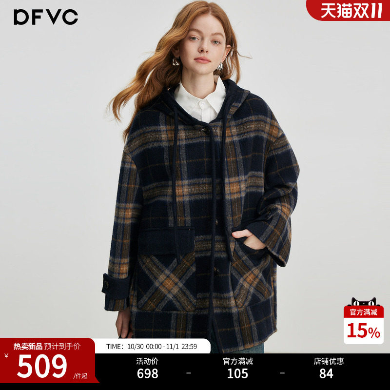 dfvc绵羊毛双面穿连帽毛呢外套女2026年冬季新款学院风格纹呢大衣