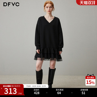dfvc时尚休闲V领卫衣裙女2026年秋季新款宽松连衣裙荷叶边小黑裙