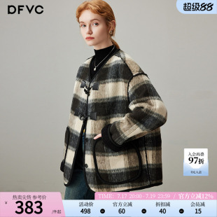 dfvc韩版羊毛短款格子毛呢外套女2025年冬季新款宽松加厚呢子大衣