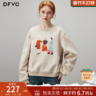 dfvc韩版印花圆领套头卫衣女2025年冬季新款加绒加厚短款宽松上衣