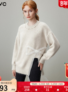 dfvc米色慵懒风圆领毛衣女2025年冬季新款设计感开叉宽松针织衫厚