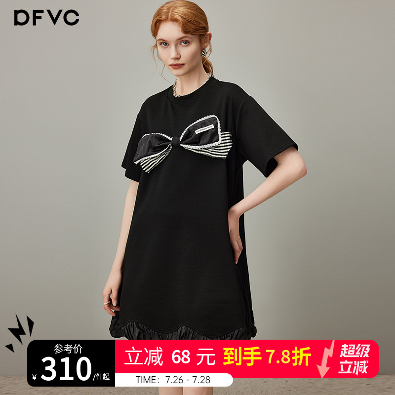 dfvc黑色时尚圆领短袖t恤连衣裙女2025年夏季新款蝴蝶结休闲裙子