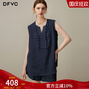 背心闊腿短褲 dfvc天絲亞麻無袖 兩件套薄 新款 女2025年夏季 襯衫 套裝