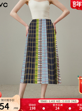 dfvc设计感撞色格子高腰半身裙女2025年夏季新款褶皱直筒裙中长裙