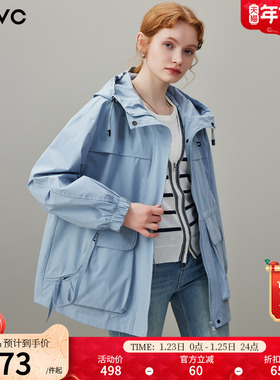 dfvc韩版休闲短款风衣外套女2026年春季新款宽松连帽工装夹克上衣