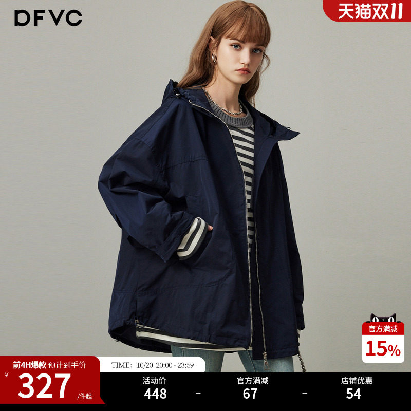 dfvc韩版中长款风衣外套女2026年秋季新款宽松连帽休闲工装上衣潮