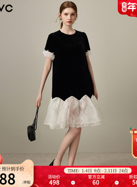 dfvc复古名媛人丝丝绒连衣裙女2026年春季新款蕾丝拼接小个子裙子