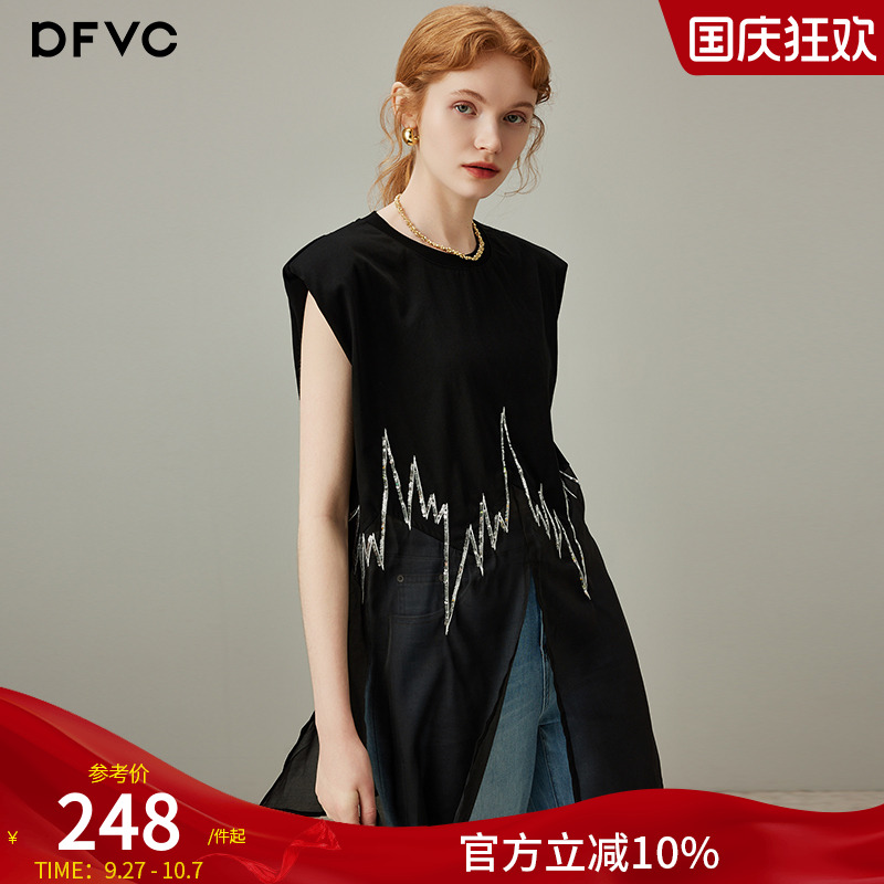dfvc黑色设计感网纱拼接无袖T恤女2025年夏季新款中长款开叉背心
