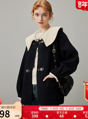 dfvc黑色娃娃领毛呢外套女2025新款冬季撞色牛角扣宽松短款大衣厚