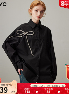 dfvc黑色通勤纯棉长袖衬衫女2026年春季新款蝴蝶结宽松显瘦衬衣