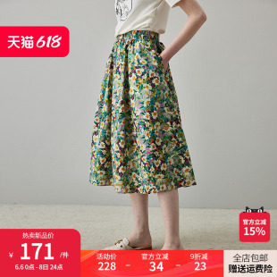 裙子 纯棉a字伞裙中长款 夏季 dfvc度假风高腰碎花半身裙女2024新款