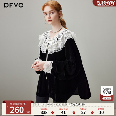 dfvc黑色法式蕾丝荷叶领长袖衬衫