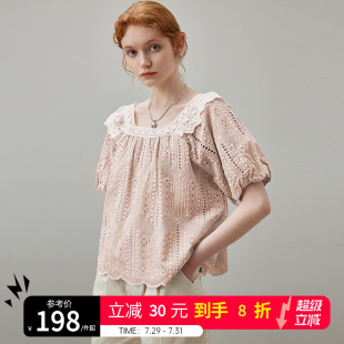 镂空蕾丝方领纯棉宽松娃娃衫 dfvc甜美风泡泡袖 夏季 衬衫 女2025新款