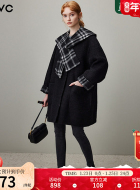 dfvc黑色中长款绵羊毛呢外套女2025冬季新款披肩领格子双面呢大衣