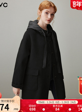 dfvc韩版中长款绵羊毛呢外套女2025年冬季新款连帽宽松双面呢大衣