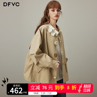 新款 dfvc韓版 純棉短款 風(fēng)衣外套女2025年秋季 抽繩寬松休閑夾克上衣