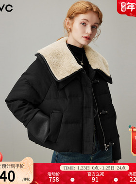dfvc黑色娃娃领短款羽绒服女2025年冬季新款小个子白鸭绒加厚外套