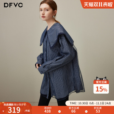 dfvc蓝色减龄海军领格子长袖衬衫