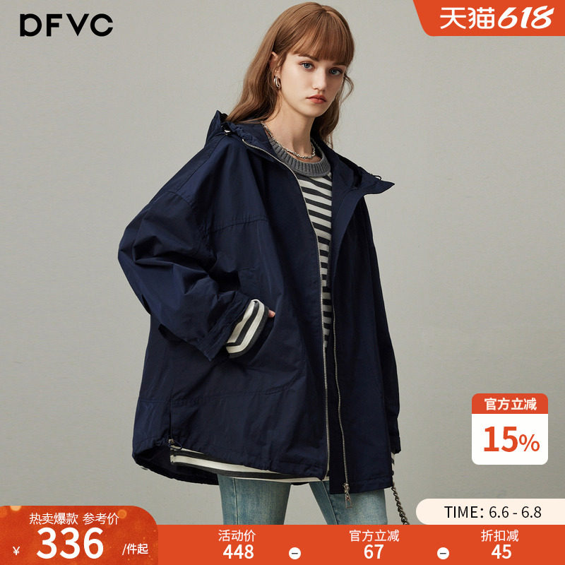 dfvc韩版中长款风衣外套女2026年春季新款宽松连帽休闲工装上衣潮