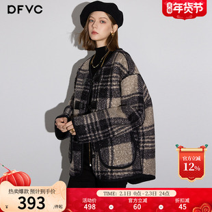dfvc韩版短款格子毛呢外套女2025年冬季新款宽松小个子呢子大衣厚