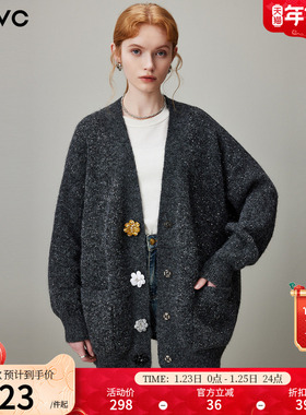 dfvc灰色慵懒风V领针织开衫女2025年冬季新款宽松软糯毛衣外套厚