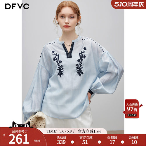 dfvc亚麻醋酸文艺风刺绣长袖衬衫