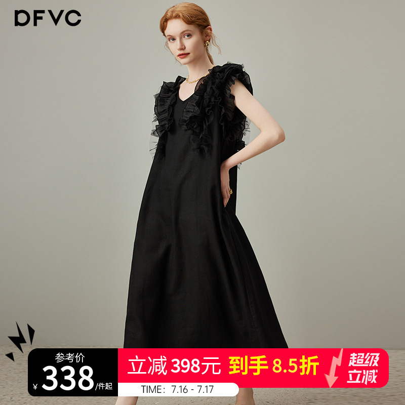 dfvc黑色亚麻气质V领背心裙女2025年夏季新款木耳无袖连衣裙长裙