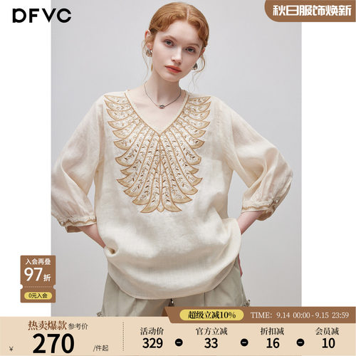 dfvc苎麻复古文艺绣花V领衬衫