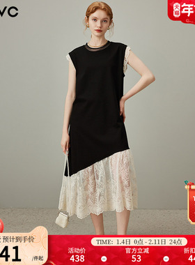 dfvc黑色气质蕾丝拼接背心裙t恤裙女2025夏季新款无袖连衣裙长裙