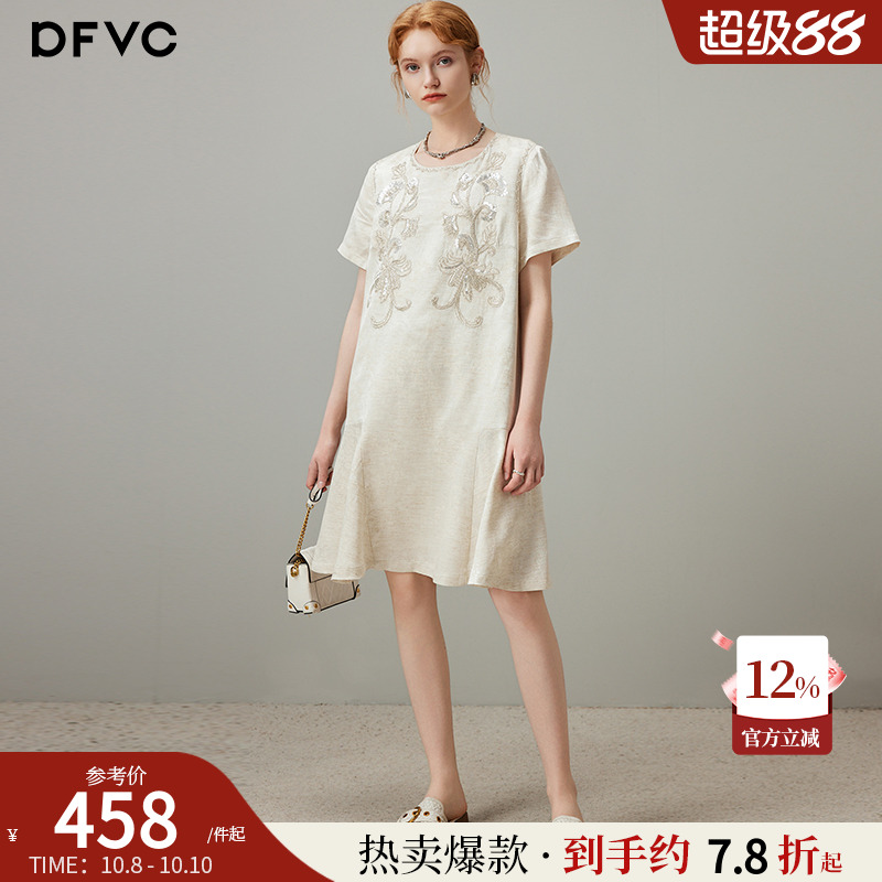 dfvc人丝亚麻复古重工钉珠连衣裙