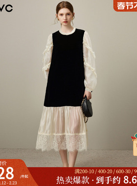 dfvc黑色人丝丝绒长袖连衣裙女2026年春季新款网纱拼接法式风长裙