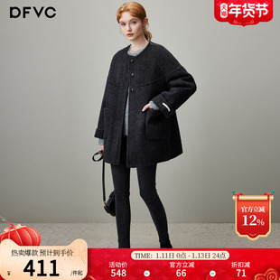 dfvc黑色中长款羊毛呢外套女2025年冬季新款圆领小个子双面呢大衣
