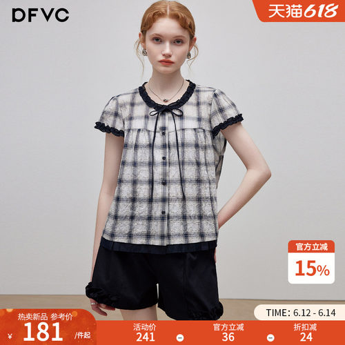 dfvc纯棉韩系减龄格子短袖衬衫