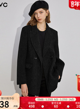 dfvc黑色通勤休闲西装绵羊毛呢外套女2025年冬季新款双面呢子大衣