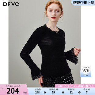 dfvc黑色丝绒长袖T恤女2026年秋季新款喇叭袖花边显瘦内搭打底衫